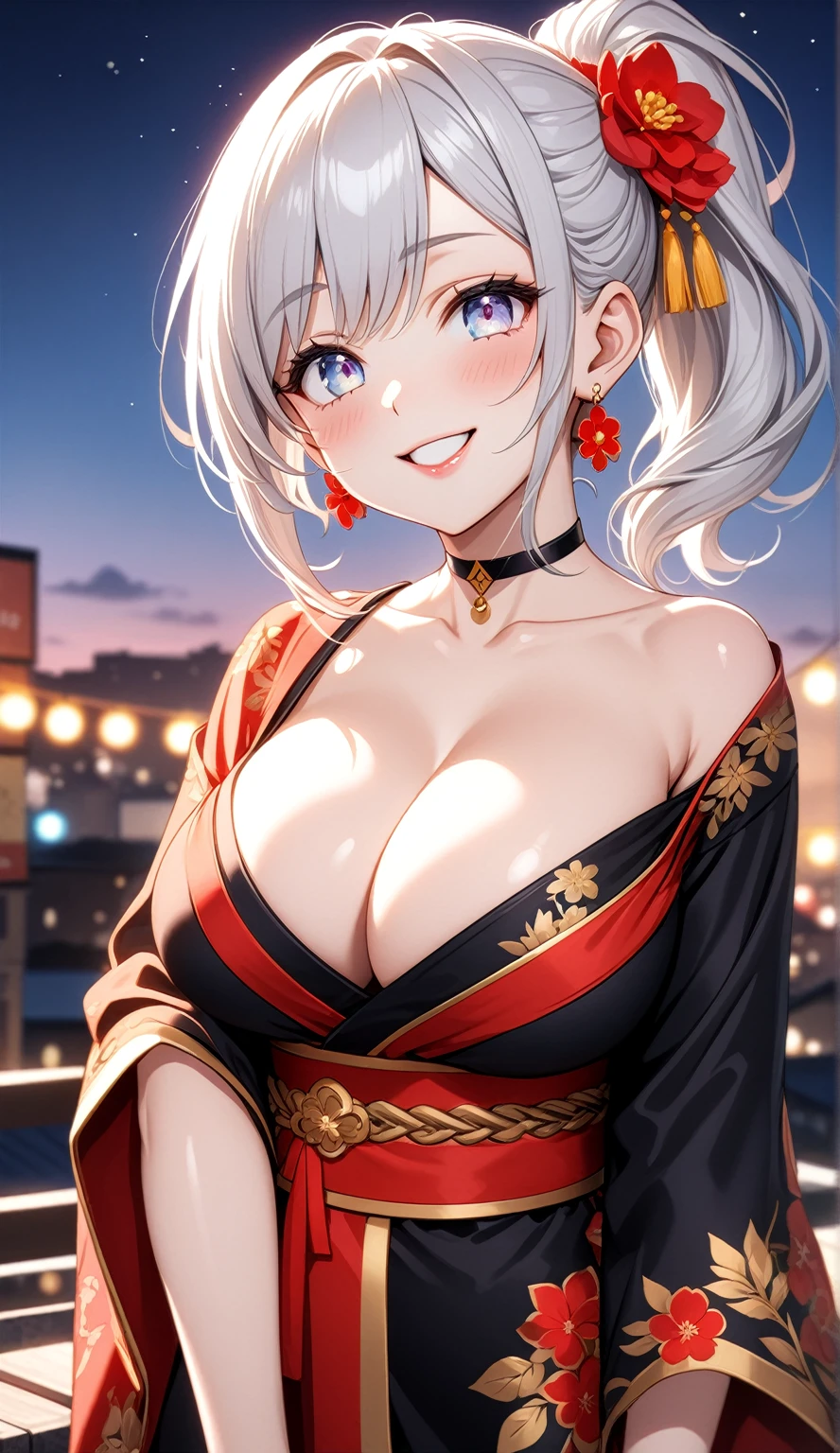 (One personの女性)), Beautiful Face, (Laughing embarrassedly), ((seductive smile:1.3)), ((Wink:2.1)), Laugh with your mouth wide open,((Bright red cheeks:1.4)),Shiny red lips, night,rooftop,Festivals, firework,Glossy red lips,Facial lighting,((Anime style background)),masterpiece, Highest quality, so beautiful,up to date, Complex details, (Pink long nails), (ring),(bracelet),(choker),AI-generated, Complex,High resolution, Highest quality, super high quality,3D Images、3D Images,One person,Long white hair in a high side ponytail,(blue eyes), ((Fine grain、Silvery white colorful eyes、Shining Eyes:1.4)), (Squint your eyes:1.1), 写真のポーズをとるAnime Women, a hyperRealistic , hyperRealistic , Realistic,Anime Women, Smooth anime CG art, A woman in a colorful kimono with gold embroidery, (Black long sleeve kimono), Red floral pattern,Long flower hair ornament,Earrings,Mature Body,(Big Breasts:1.1),Tall,Narrow waist,(Zoom in on face:1.2),(Tilted Background),