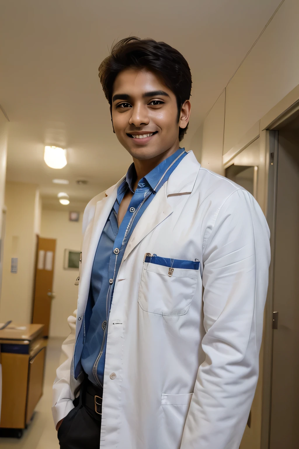 ((best quality)), ((masterpiece)), (detailed),
A 21 year old Indian boy with smiling face beautiful eyes very handsome doctor standing stylish glowing skin inside a hospital