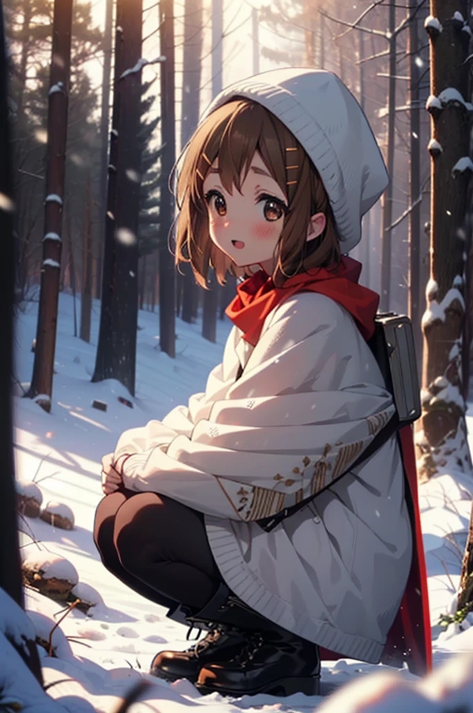 yuihirasawa, Yui Hirasawa, short hair, Brown Hair, hair ornaments, (Brown eyes:1.5), Hair Clip、smile,smile,blush,White Breath,
Open your mouth,snow,Ground bonfire,, Outdoor, boots, snowing, From the side, wood, suitcase, Cape, Blurred, , forest, White handbag, nature,  Squat, Mouth closed, Cape, winter, Written boundary depth, Black shoes, red Cape break looking at viewer, Upper Body, whole body, break Outdoor, forest, nature, break (masterpiece:1.2), Highest quality, High resolution, unity 8k wallpaper, (shape:0.8), (Beautiful and beautiful eyes:1.6), Highly detailed face, Perfect lighting, Highly detailed CG, (Perfect hands, Perfect Anatomy),