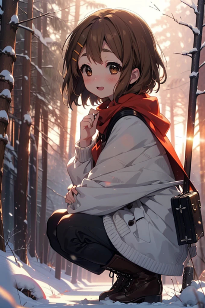 yuihirasawa, Yui Hirasawa, short hair, Brown Hair, hair ornaments, (Brown eyes:1.5), Hair Clip、smile,smile,blush,White Breath,
Open your mouth,snow,Ground bonfire,, Outdoor, boots, snowing, From the side, wood, suitcase, Cape, Blurred, , forest, White handbag, nature, Squat, Mouth closed, Cape, winter, Written boundary depth, Black shoes, red Cape break looking at viewer, Upper Body, whole body, break Outdoor, forest, nature, break (masterpiece:1.2), Highest quality, High resolution, unity 8k wallpaper, (shape:0.8), (Beautiful and beautiful eyes:1.6), Highly detailed face, Perfect lighting, Highly detailed CG, (Perfect hands, Perfect Anatomy),