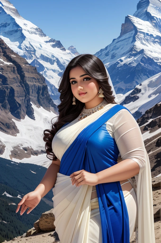 1 Heavenly beautiful and goddess beauty cute and sweet looking face Arabian woman in Matterhorn mountain, Heavenly beautiful Overweight, Heavenly beautiful Extremely fat, Heavenly beautiful and attractive Chubby figure , Heavenly beautiful looking and eye catching luxury style tight fitting elegant saree, reaching out, Heavenly beautiful Arabian woman, 16k, High resolution, masterpiece, highest quality, fine skin, Realistic Photograph