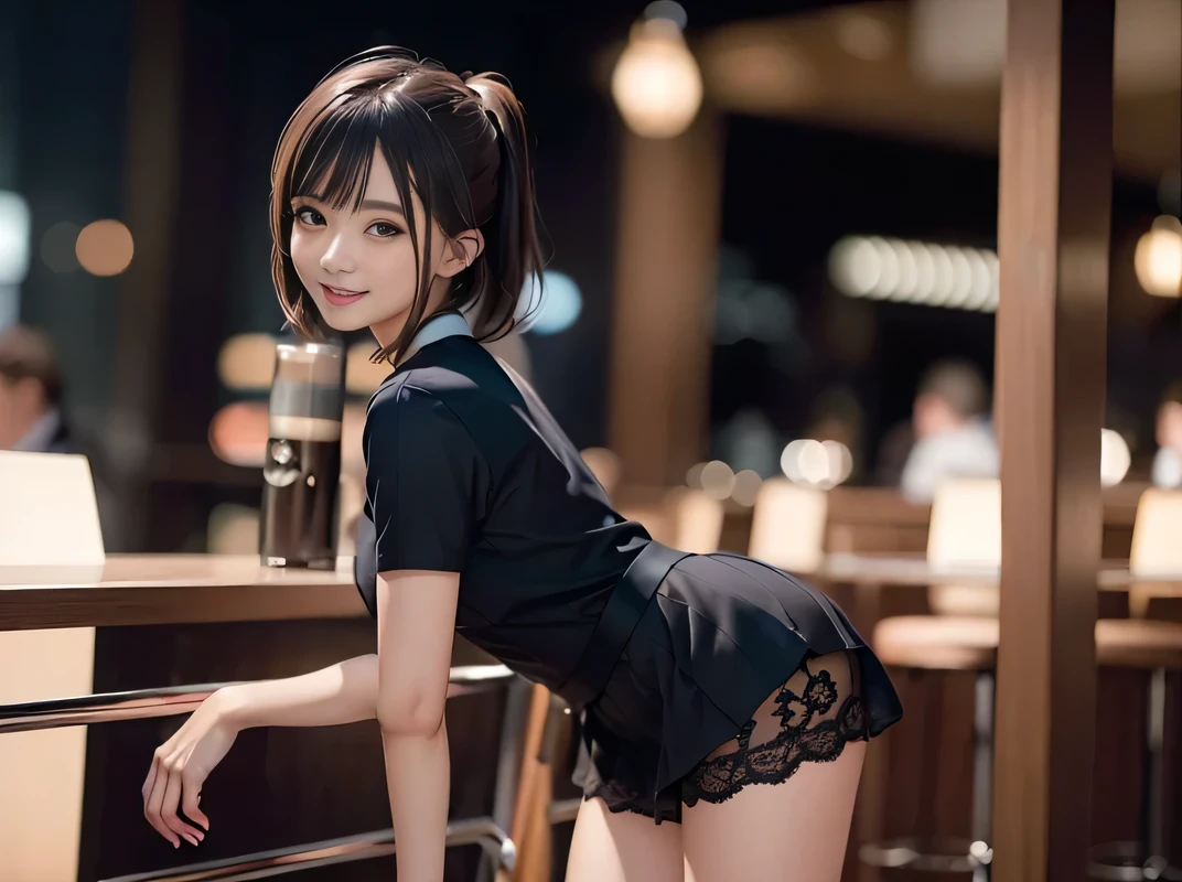 (Highest quality, masterpiece, Ultra-high resolution, 8K, RAW Photos, Realistic, Anatomically correct:1.5), 20-year-old girl:1.2, Embarrassing, avert your eyes, blush:1.0, ((bar)) 、Night view、 Light:1.2, Bokeh, Cinema Lighting:1.0, Depth of written boundary, sharp、 Cute face、Idol、Black short sleeve lace top、Black pleated skirt、Black clothing、”dwarf”、(Floral clothes)、Full Body Shot、Cowboy Shot、 smile、(Ultra short hair、Short ponytail)、(Straight bangs)、((See-through))、(( One Girl))、