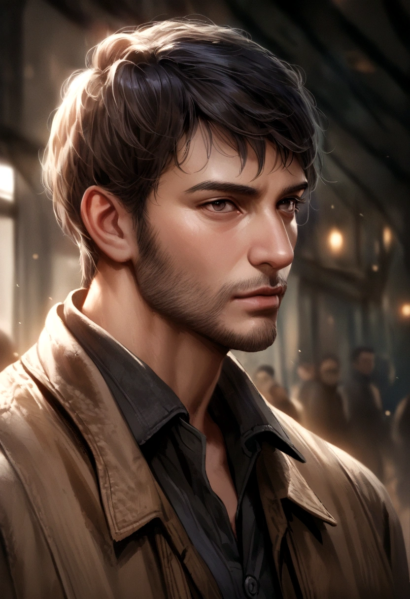 Realistic movie star portraits in bland environments. Male, Short hair, unshaved, Smart look.