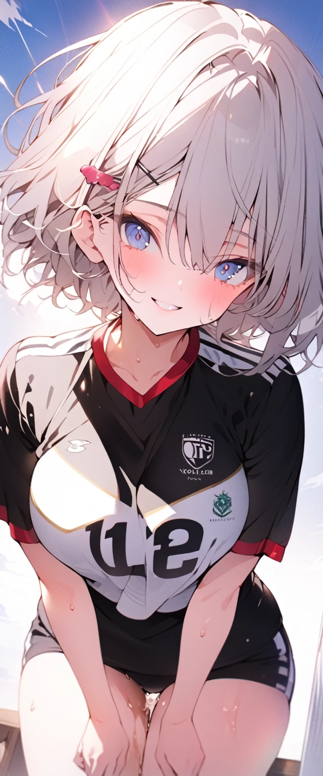 beautiful, masterpiece, Highest quality, anime, One girl, C Cup,Portrait Shot, View your viewers, Covered、Short Hair、nearby、Blue Eyes、art、、White hair,Blue streaked hair、hairpin、Cute smile、Thighs、Cute、blue sky、Beautiful breasts、Sweat、Tightening、Penetration、Volleyball Club、Volleyball uniform、separate