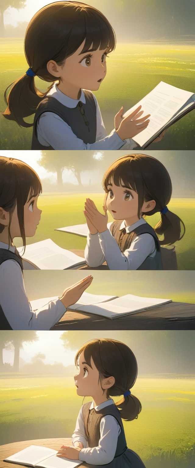 A girl explains the lesson with her hands