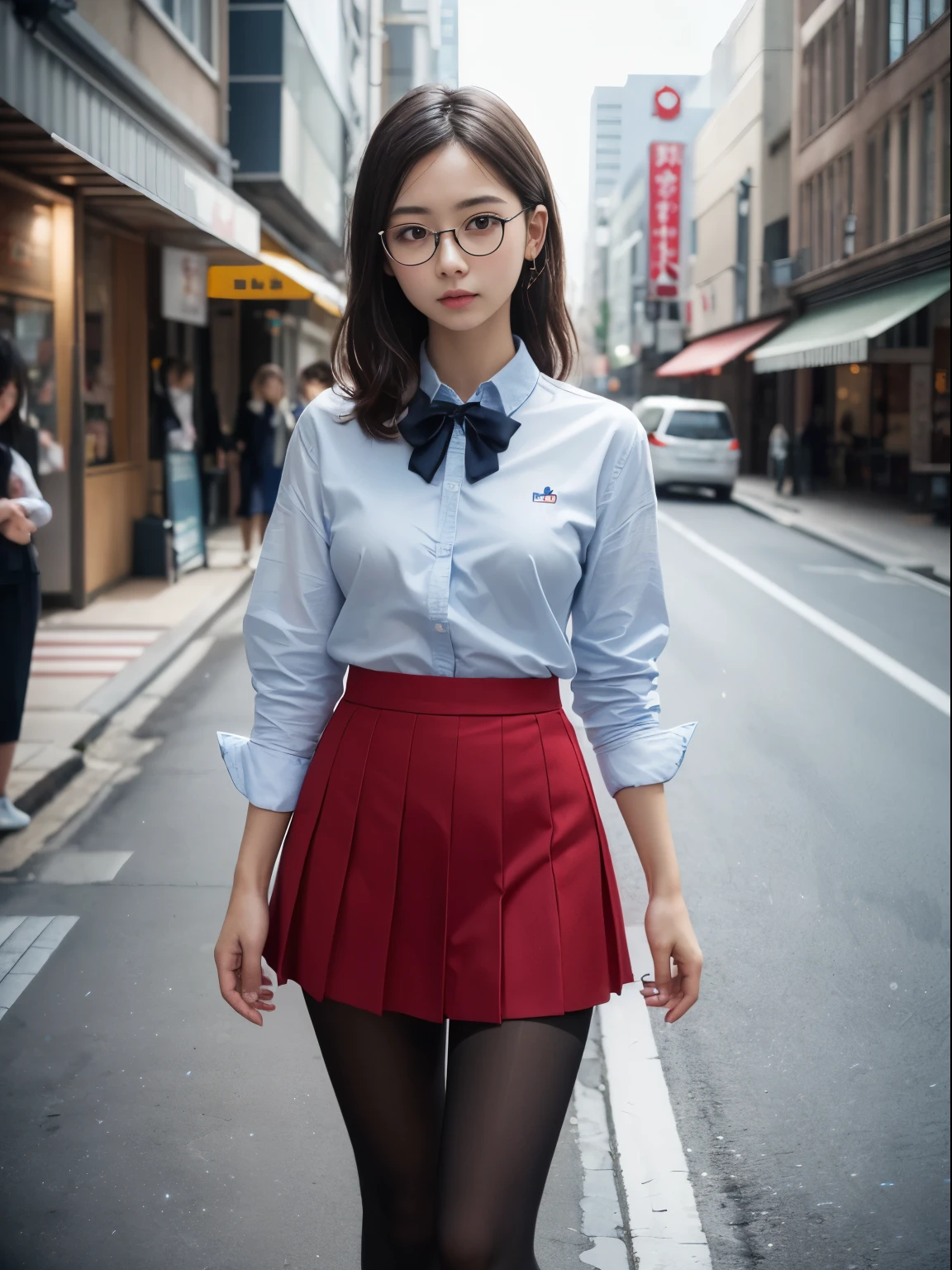 (8K、生photograph、Highest quality、masterpiece:1.2),(Small breasts)、(Small breasts)、(Small breasts)、(Small breasts)、Look straight ahead、pupil,De Pere Blanca,(Black Pantyhose),Small face、Chest is petanko,前hairを真ん中から分ける,The forehead is visible,(business,Glare,strong,Are thin,Irritation)、masterpiece,Highest quality,Ultra-high resolution,生photograph,even,beautiful、One person,One person,Glasses,,Strong face、丸Glasses、cute、JK、high school girl、Japanese women、Are standing、(PhotoReactive:1.37)、Photon Mapping、Light blue ribbon、Real、cute小さな顔、Brown eyes、Black socks、(Red bow tie)、Radio City、Physically Based Rendering、Prospect、Character boundary depth、Blurred Background、photograph、girl、body、Beautiful feet、Long legs、Thin legs、(前hairが見える)、hair、lips、blue_The目、Soft Nose、(Light blue shirt)、Navy and blue white pattern pleated skirt、I can see your knees、See-through clothing、Thighs、black cotton socks、Nogizaka Idol、、Japan Ido