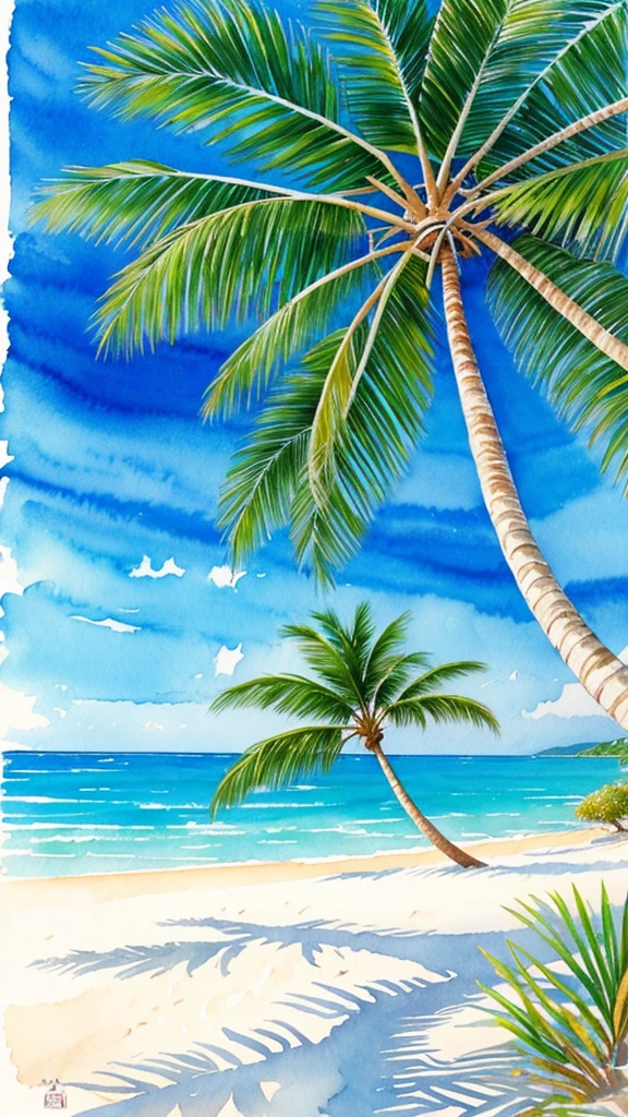 A beach with white sands coconut trees and blue sea, water color painting
