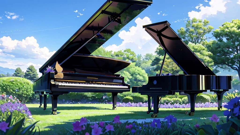 Placed in a garden where irises are in bloom１Grand pianos、White clouds in the sky after the rain、An empty garden
