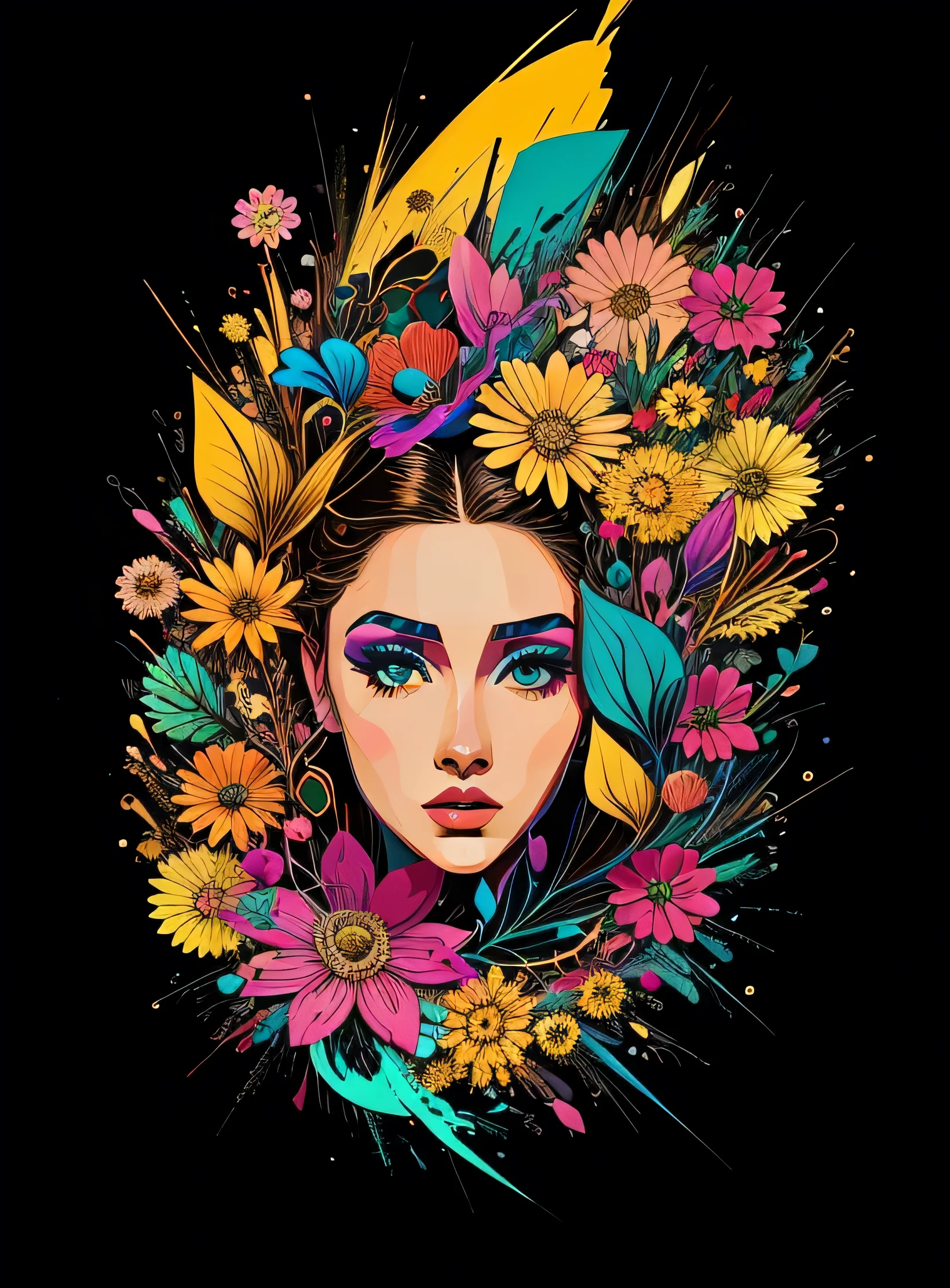 Criar uma obra de arte digital no estilo pop art, apresentando uma mulher vibrante e confiante com maquiagem ousada e moda colorida, pele negra, Cinematic Color Scheme, surrounded by abstract flower patterns, Energetic brushstrokes,Humor should be dynamic.