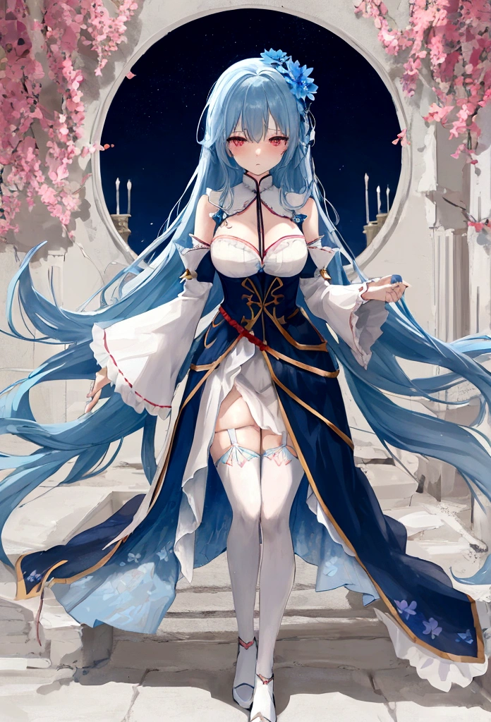 Sky blue hair, very long hair, red eyes, big breasts, solo, blush, erotic expression, adult coloring, chiffon dress, blue flower pattern, stockings, peeling sleeves, wide sleeves, standing pose (View below)