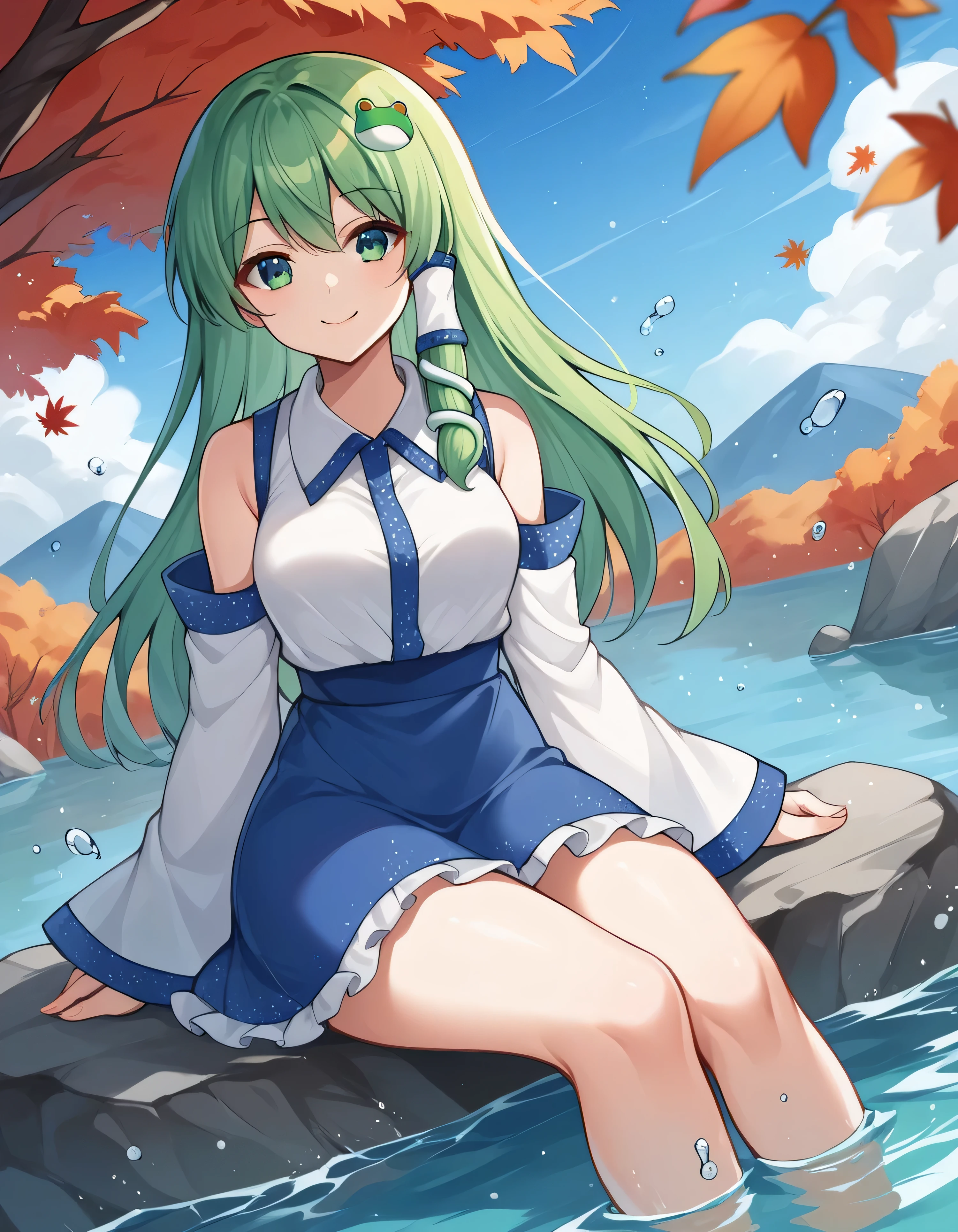 score_9, score_8_up, score_7_up, score_6_up, score_5_up, score_4_up, source_anime, rating_safe, BREAK kochiya sanae, 1girl, green hair, long hair, green eyes, frog hair ornament, hair tubes, snake hair ornament, collared shirt, white shirt, detached sleeves, wide sleeves, blue skirt, frilled skirt, smile, dutch angle, looking at viewer, facing viewer, rock, sitting, river, splashing, water, from below, mountainous horizon, autumn leaves, autumn