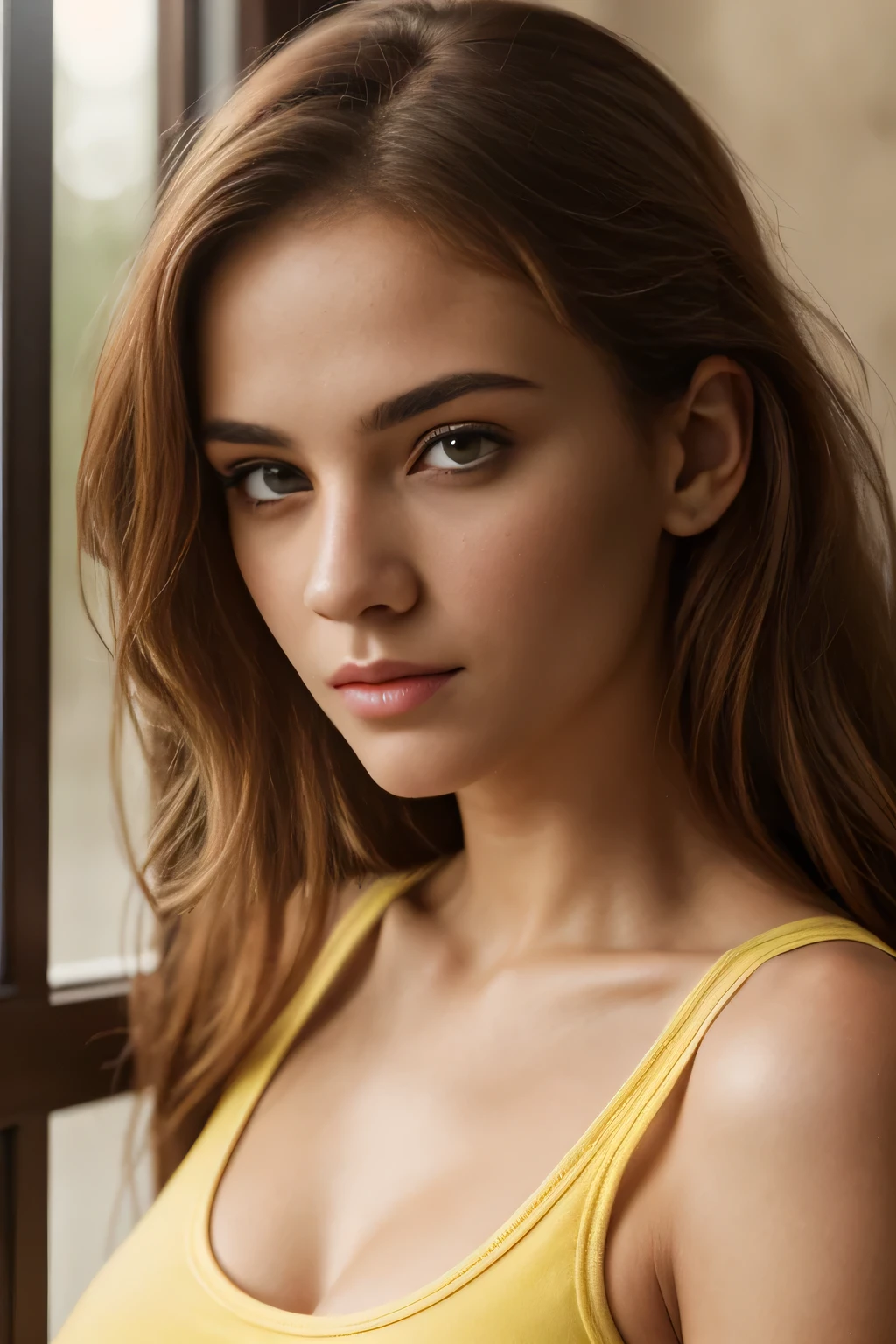 photo of a 20 years old italian girl, RAW, beautiful woman, (long wavy redhead hair), (yellow eyes), ((portrait)), (( perfect anatomy)), (busty), ((detailed face:1.2)), ((detailed facial features)), (finely detailed skin), pale skin, (yellow tank top with cleavage), . (vivid colors), damp, moist, reflections, (masterpiece) (perfect proportion)(realistic photo)(best quality) (detailed) photographed on a Canon EOS R5, 50mm lens, F/2.8, HDR, (8k) (wallpaper) (cinematic lighting) (dramatic lighting) (sharp focus) (intricate) fashion, realistic skin texture, POV, Nikon d850, film stock photograph,4 Kodak Portra 400, camera f1.6 lens, rich colors, ultra-realistic, hyper-realistic, ultra-detailed, hyper-detailed, ((perfect face, perfect body), RAW photography, realistic skin texture, bedroom, (standing)