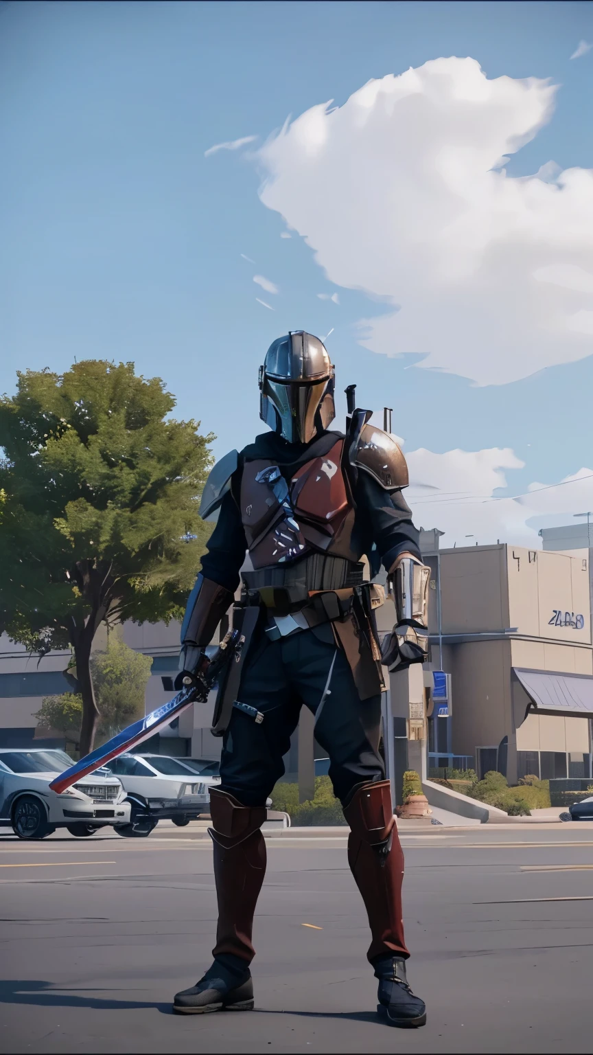 there is a man in a costume holding a sword in a parking lot, realism in style of fornite game, the mandalorian in gta v, 2020 video game screenshot, epic ninja suit, made in unreal engine, video game screenshot>, in game, new character, realistic fortnite, menacing. unreal 5, ( ( unreal engine ) )