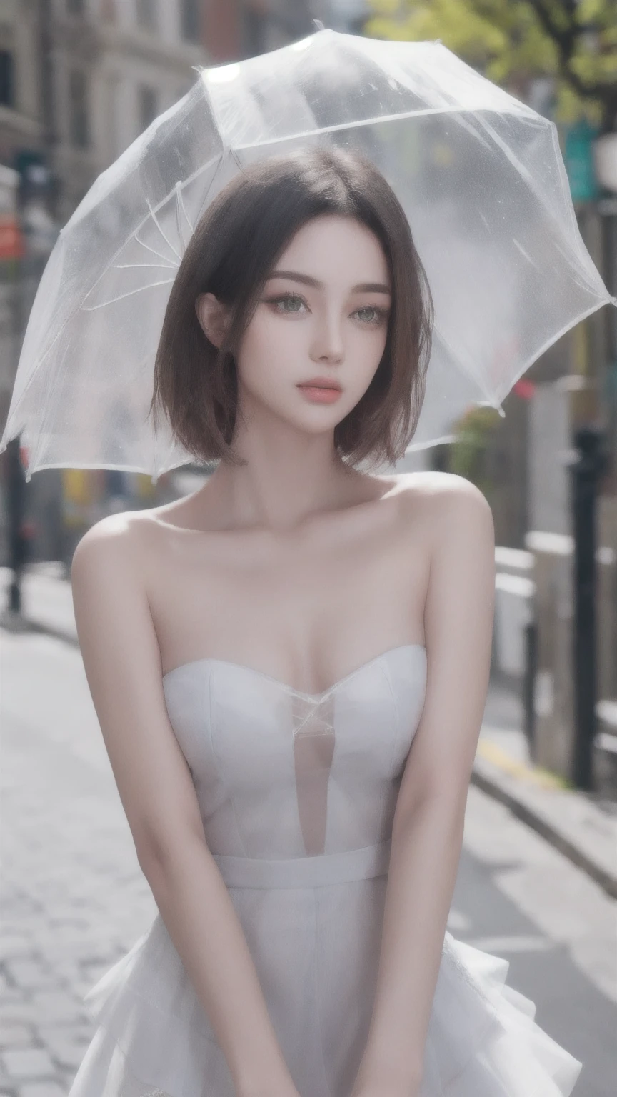 beautiful detailed eyes, beautiful detailed lips, extremely detailed eyes and face, long eyelashes, detailed body, perfect body beauty:1.4, hips:1.2, layered haircut, bust:1.2, wet clothes:1.1, rain, street:1.3, bandeau dress:1.1, very detailed face and skin texture, white skin, long hair, silence:1.3, (best quality,8k,masterpiece:1.3),focused:1.2