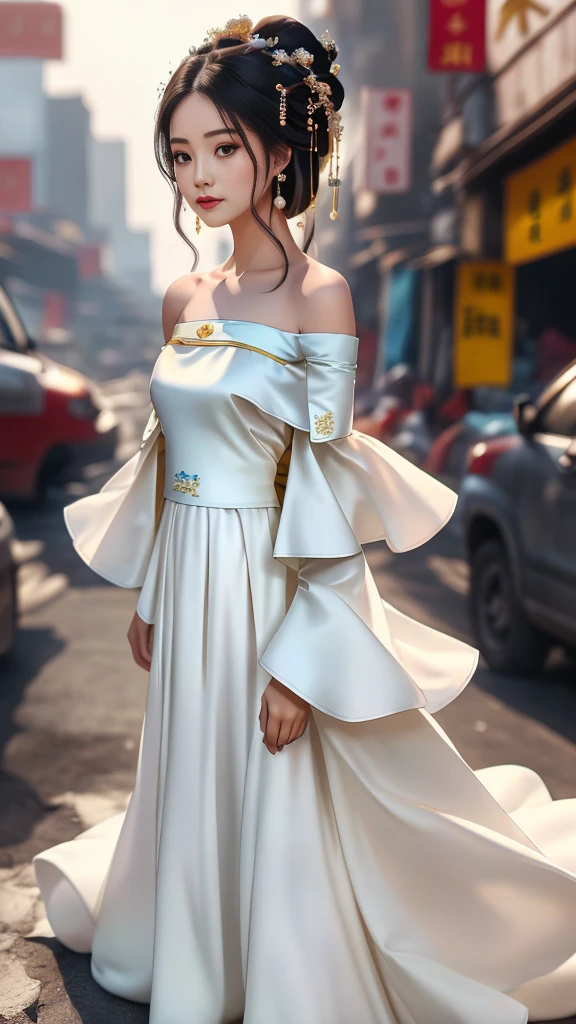 Girl in traditional Chinese clothing, Hanfu, Guzhen Hanfu women, White Hanfu,long straight black hair, black eyes, black bun hairstyle, hair accessories ,white diamond earrings, Bangle Diameter, Dia Necklace, Clear eyes, Facing forward,put on makeup, Long eyelashes ,(Long shoulder coat:1.5), (long white skirt:1.5), ((Whole body)), ((from below))ฃ, Clear face, , (Very beautiful face, Beautiful mouth, beautiful eyes), detailed face, ((Ultra-fine skin)), In the dark, deep shadows, an ancient Chinese girl (Very slim figure 1.3) ,Plump breasts, sexy slender legs elegant posture (smile brightly) ,(slum:1.5),