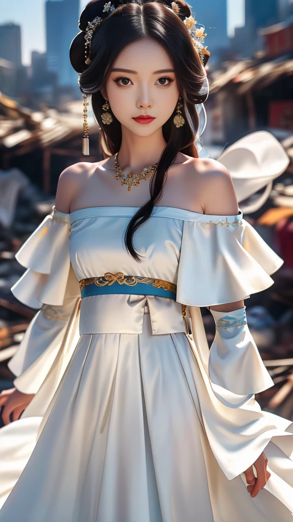 Girl in traditional Chinese clothing, Hanfu, Guzhen Hanfu women, White Hanfu,long straight black hair, black eyes, black bun hairstyle, hair accessories ,white diamond earrings, Bangle Diameter, Dia Necklace, Clear eyes, Facing forward,put on makeup, Long eyelashes ,(Long shoulder coat:1.5), (long white skirt:1.5), ((Whole body)), ((from below))ฃ, Clear face, , (Very beautiful face, Beautiful mouth, beautiful eyes), detailed face, ((Ultra-fine skin)), In the dark, deep shadows, an ancient Chinese girl (Very slim figure 1.3) ,Plump breasts, sexy slender legs elegant posture (smile brightly) ,(slum:1.5),