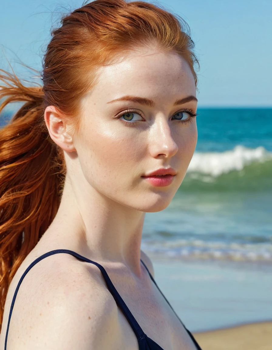 Photography full body portrait of a very beautiful realistic girl, in the beach, porcelain skin, very light skin, very pale skin, redhead, wavy, pony tail, Detail of skin structure, hazel eyes, Slit eyes, small-nose, small nostril, think of arched eyebrows, thick lower lip, seductive glance, happy face, unique face, Wear a casual dress, detailed photo, foto realista, Masterpiece Image, sharp image, clear daylight outside