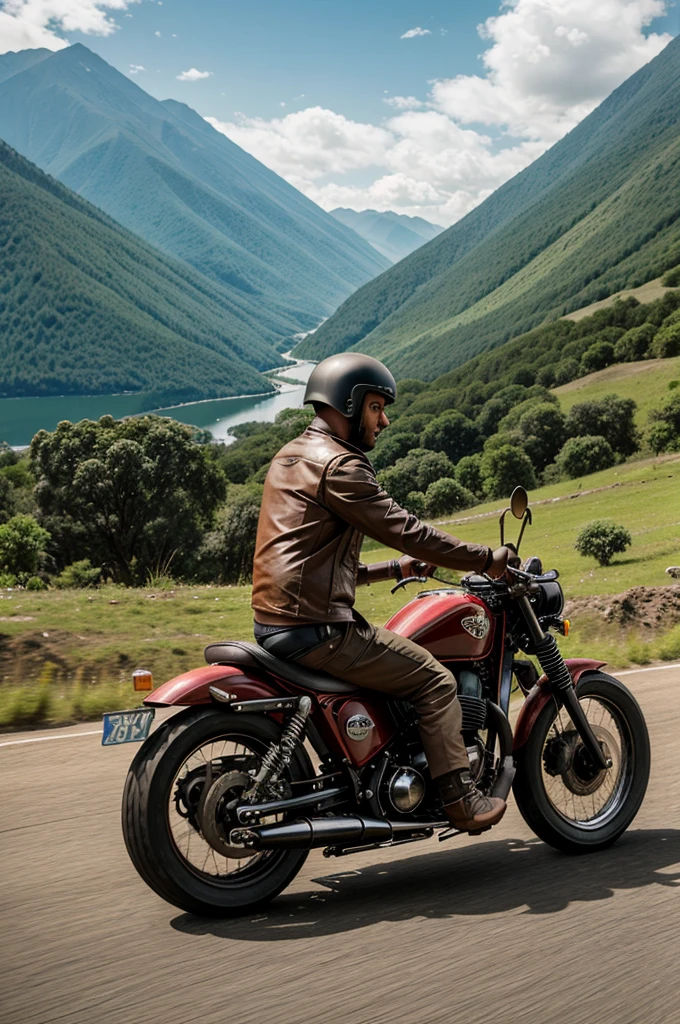 a man riding jawa 42 bobber in a dashing way with exaust flames, narrow mountain roads, beautiful nature in the background 