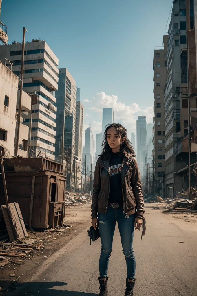 Woman looking like Jena Ortega looking at a post-apocalyptic city