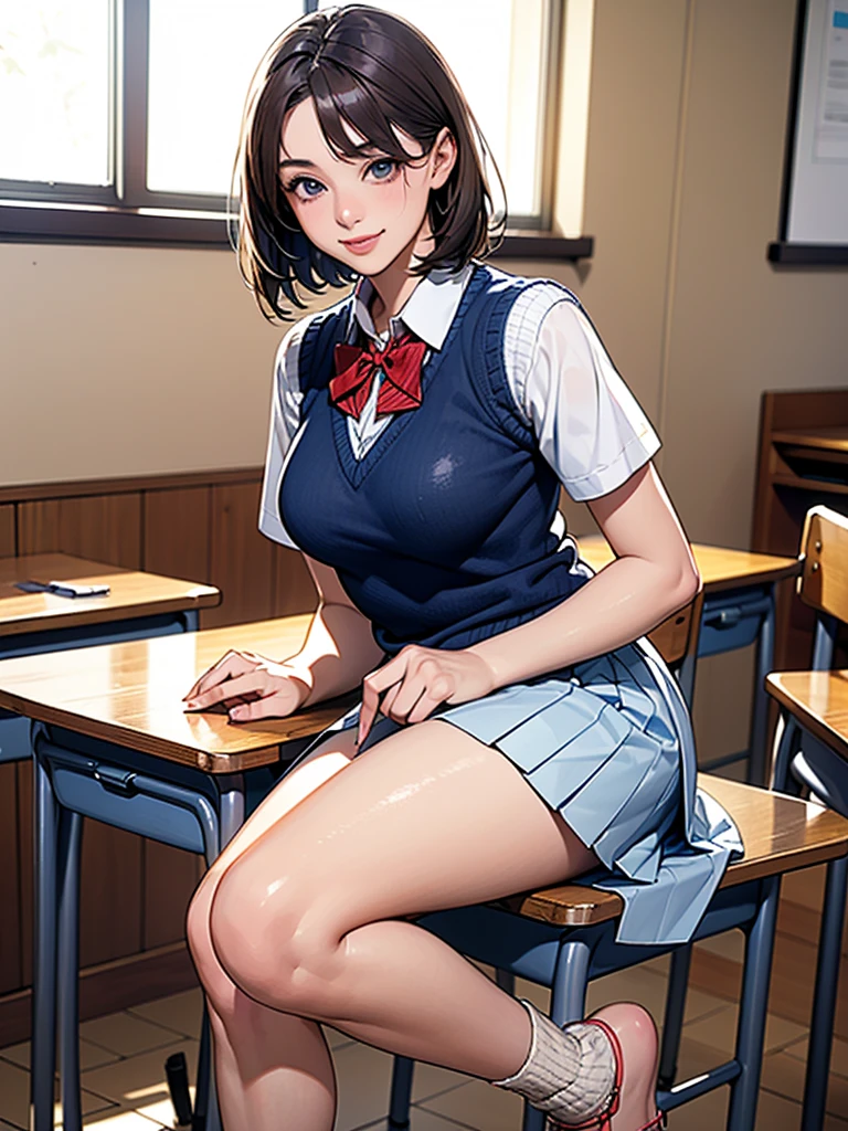 (masterpiece、Highest quality)、Beautiful illustrations、Staring at the audience、Beautiful thighs、Front view、1 Girl、Mature 、She looks like a 25-year-old high school girl.、Shiny skin、(Short Hair)、Big eyes、Long eyelashes、Very tall、 Beautiful Hair、Beautiful Face、Beautiful Eyes、 Beautiful breasts、Beautiful thighs、Beautiful feet、Beautiful fingers、(((Brown knitted vest、Short sleeve white collar shirt、Navy Pleated Skirt)))、((Red bow tie))、(In the classroom)、Are standing、((smile))