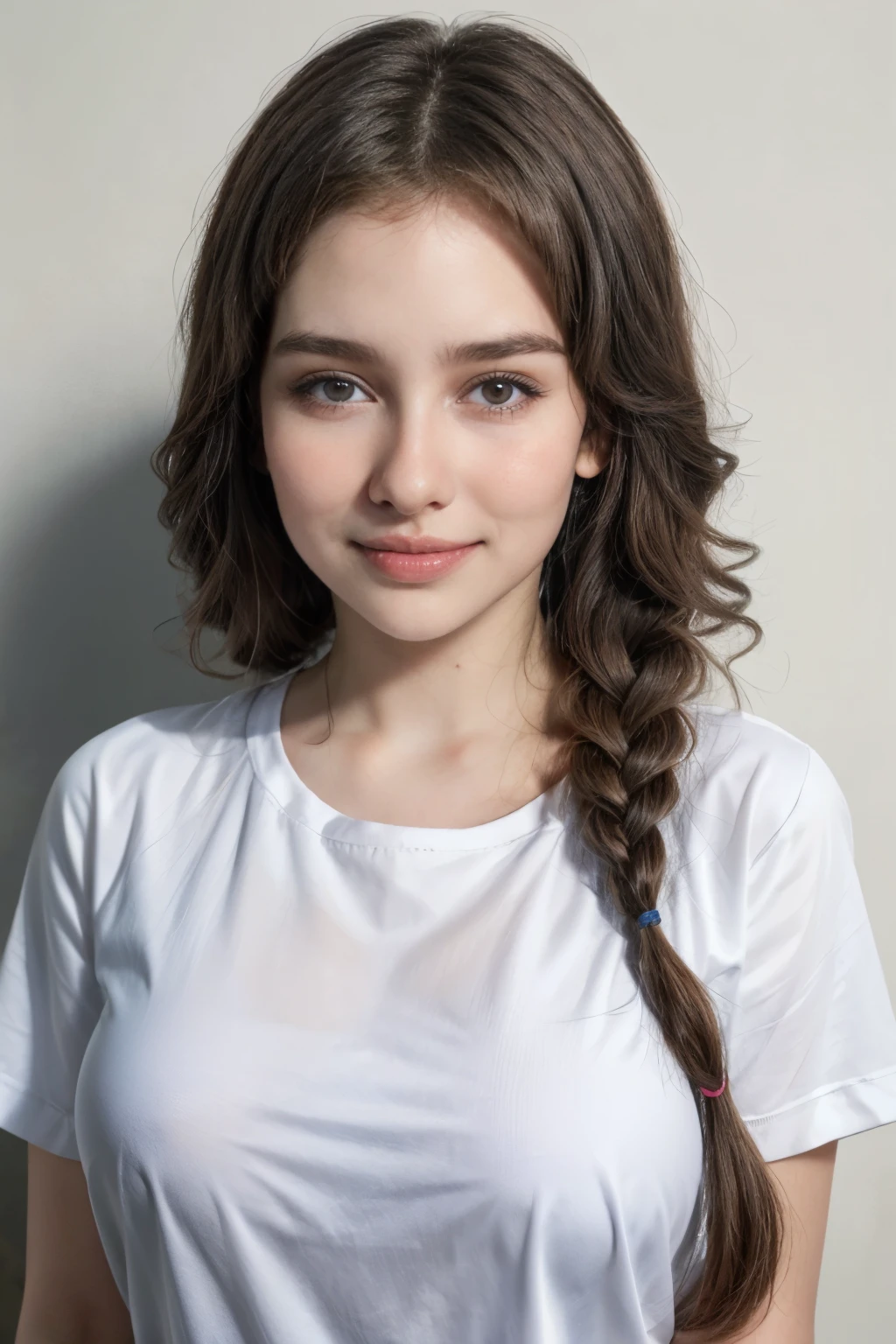 (Upside-Down French Braid Hairstyle), adorable, 1 girl, (face to face), 10 years old, baby face, happy, half body portrait, (face details: 1), (eye details:1), ((big breasts)). wearing transparent transparency long shirt, .. Cute posed. proportional body. Ultra High Res. realistic: 1.4, UHD,