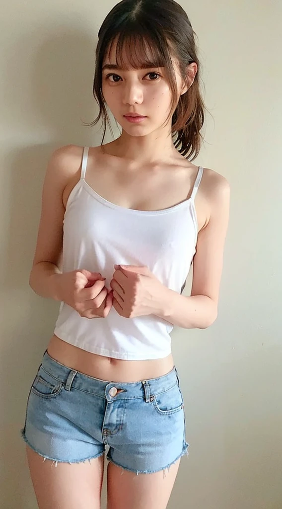 (((Are standing、Looking up from below:1.82、Composition above the knees)))、((Highest quality, 8K, masterpiece: 1.3)), sharp: 1.2, Perfect Body Beauty: 1.4, Slim Abs: 1.2, ((nude、Small breasts: 1.2)), (((Sheer short tank top:1.3,))), Short shorts:1.2, Bare shoulders, (((Underbust: 1.2))), Face close-up: 1.0, Highly detailed face and skin texture, Beautiful Eyes, double eyelid,