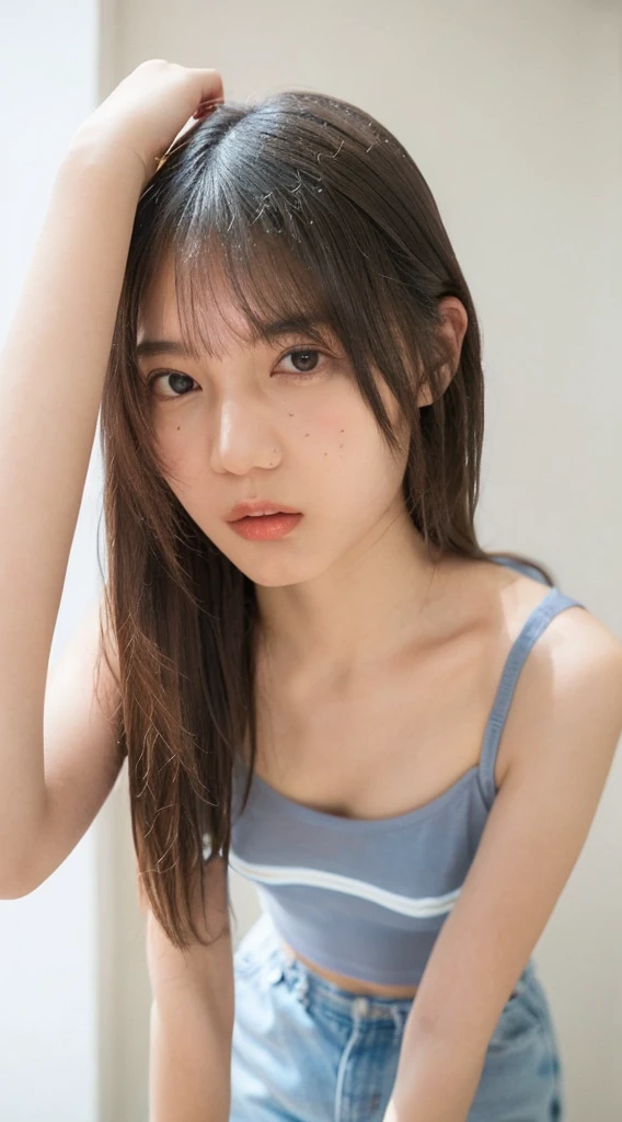 (((Are standing、Looking up from below:1.82、Composition above the knees)))、((Highest quality, 8K, masterpiece: 1.3)), sharp: 1.2, Perfect Body Beauty: 1.4, Slim Abs: 1.2, ((nude、Small breasts: 1.2)), (((Sheer short tank top:1.3,))), Short shorts:1.2, Bare shoulders, (((Underbust: 1.2))), Face close-up: 1.0, Highly detailed face and skin texture, Beautiful Eyes, double eyelid,