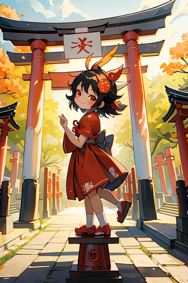 Place one small doll on a circular stand, By Cartoon picture book of background is a Fushimi Inari-taisha Shrine in Japan, with many red torii gates, It's sunny, kawaii pose, A smile, Raise your right hand, Eye Up, Laugh, Cute red shoes, Ultra Detail, radiant light, Taken from the side.