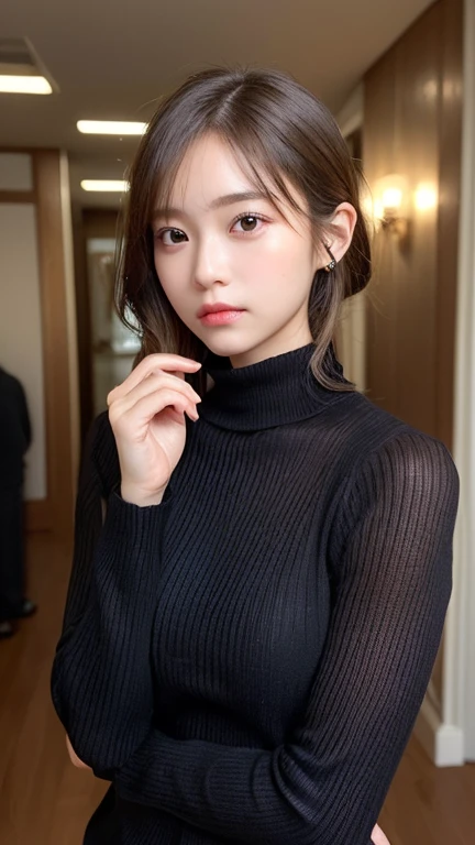 (masterpiece:1.5)、(Realistic:1.5)、(Highest quality:1.4、8K、RAW Photos）、
Ultra-high resolution、Professional Lighting、Perfect dynamic composition、Shot indoors、
Film Grain、chromatic aberration、(Bokeh:1.1)、
Frank、Sophisticated、charm、Surreal、High detail、Golden Ratio、
(1 Girl)、Slender girl、繊細でcharm女の子、Cute Woman:1.4、
Serious expression、Looking at the audience、Sculpture Pose、
Light brown hair、Shiny Hair、Hairstyle: ponytail、
Realistic looking skin、
shut up.、Beautiful Eyes、double eyelid、Thin arms、、
(Wearing a black turtleneck sweater)