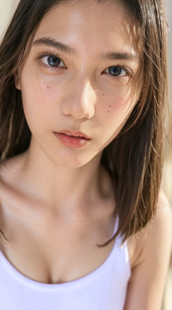 (((Are standing、Looking up from below:1.82、Composition above the knees)))、((Highest quality, 8K, masterpiece: 1.3)), sharp: 1.2, Perfect Body Beauty: 1.4, Slim Abs: 1.2, ((nude、Small breasts: 1.2)), (((Sheer short tank top:1.3,))), Short shorts:1.2, Bare shoulders, (((Underbust: 1.2))), Face close-up: 1.0, Highly detailed face and skin texture, Beautiful Eyes, double eyelid,