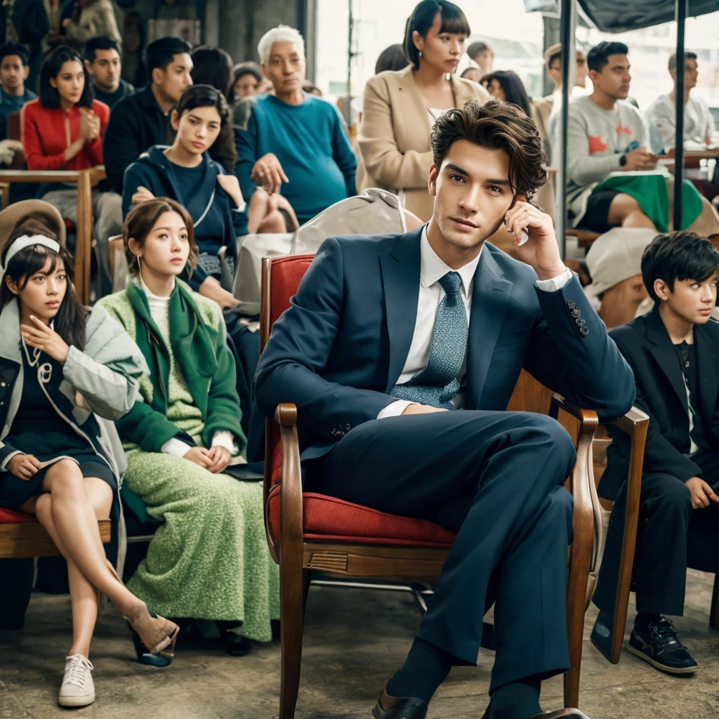 A handsome man sitting in a chair that is a lot of people