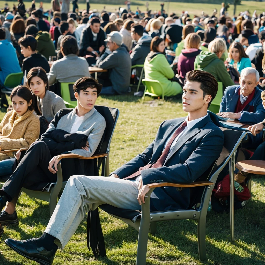 A handsome man sitting in a chair that is a lot of people