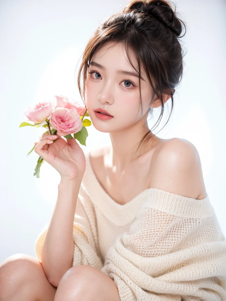 masterpiece,Best picture quality,Extreme details,Ultra-high resolution,Ultra-high definition,Beautiful young people,Glowing skin,thin,Black Hair,Half bun,1,big eyes,beautiful eyes,Lipstick,Exquisite facial features,Medium shot,Looking at the viewer, T-shirt with off-shoulder,Single tone background,White background,Soft light,Wear flowers on your head