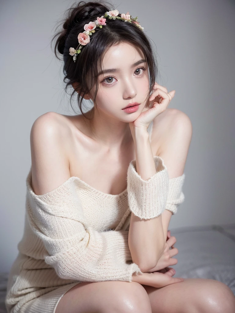 masterpiece,Best picture quality,Extreme details,Ultra-high resolution,Ultra-high definition,Beautiful young people,Glowing skin,thin,Black Hair,Half bun,1,big eyes,beautiful eyes,Lipstick,Exquisite facial features,Medium shot,Looking at the viewer, T-shirt with off-shoulder,Single tone background,White background,Soft light，Wear flowers on your head