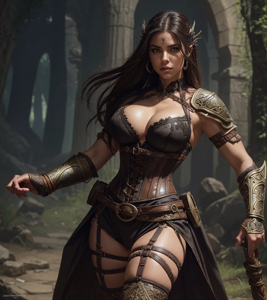 (((Looks like Instagram model Yuval Levy.))) (((She wears her hair in a sexy and alluring way .))) (((Looks like a sexy female fantasy adventurer woman in a fantasy setting.))) Single picture image. (((She is a jealous woman with a jealous stare.))) (((Big sexy muscles.))) This character is renowned for her remarkable 112-63-118 body measurements. Looks like a female warrior with big muscles. Dressed in fantasy armor. beautiful face, wearing sexy and alluring fantasy attire, sexy body, entertainer, roguish good looks, corset, tight clothing, woman in her early 20's, busty, buxom, sexy, seductive, athletic, tattoos, dangerous, sassy attitude, detailed and intricate, armed, character portrait, athletic, fantasy art, fantasy setting, dungeons & dragons, pathfinder, fantasy adventurer, fantasy NPC, epic masterpiece, intricate details, , award winning, fantasy art concept, trending on Artstation, digital art, 8k, ultra HD, centered image