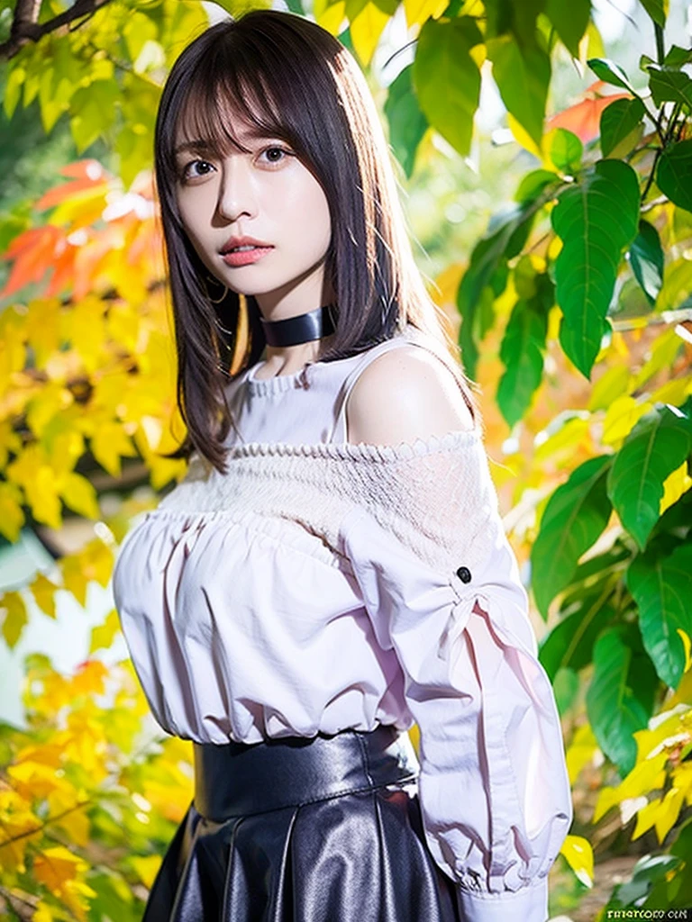 best quality, ultra high res, (photorealistic:1.4), 1girl, off-shoulder white shirt, black tight skirt, black choker, (faded ash gray hair:1), looking at viewer, Cleavage、tits