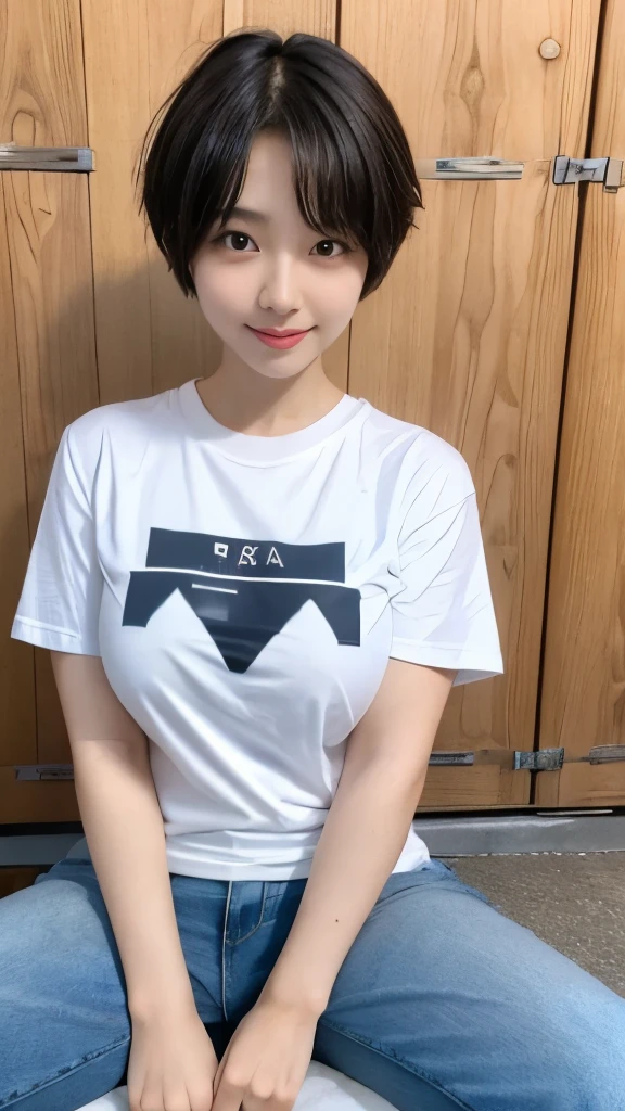 Japanese girl, short haircut, 20 yrs old, one girl, cute, large breasts, wearing short sleeve t-shirt