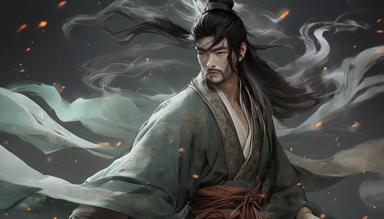 Line art drawing comic a perfect handsome male, Clear Face,  Hanfu, Black Hair, Long Beard, Top Knot, whole body, Fine grain, Detailed face,Perfect hand-crafted detail,Big Spear,Dark Background,
cast (unfathomable,Bamboo Flooring,Fire Glass Panel Brownian Motion,Diagonal lines,Zenith angle,Dust storm,Superfluid,ball,oval ,Flowing magic:1.0)| Wizard, (Vibrant,Illuminate,Enthusiast,cycle,Emerald green,Chrome Yellow Arcanum,Dazzling,shine ,liquid crystal,Space dust,Teleport,The Magic of Dashed Lines:1.0) Purification spell, Trace the symbol on the parchment with a quill, Precisely craft a spell, Astral Sparkle, Simple Positive XLv1, Ultra-high resolution, wallpaper, 8K,Richly textured details, Elevation, A magnificent composition, . graphic illustration, Comic art, graphic novel art, Vibrant, Very detailed . Professional, Sophisticated, Modern, Minimalist, graphic, Line art, vector graphics