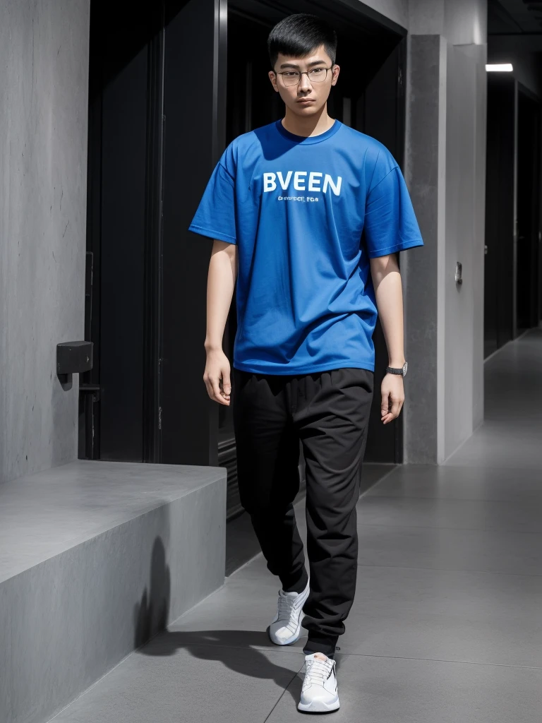 21 year old Beijing boy, he is wearing a oversize xxl blue plain t-shirt, he is wearing black trousers, he is wearing sneakers, he is wearing glasses, city, full body,  he is buzz cut Hair, foot, walking 