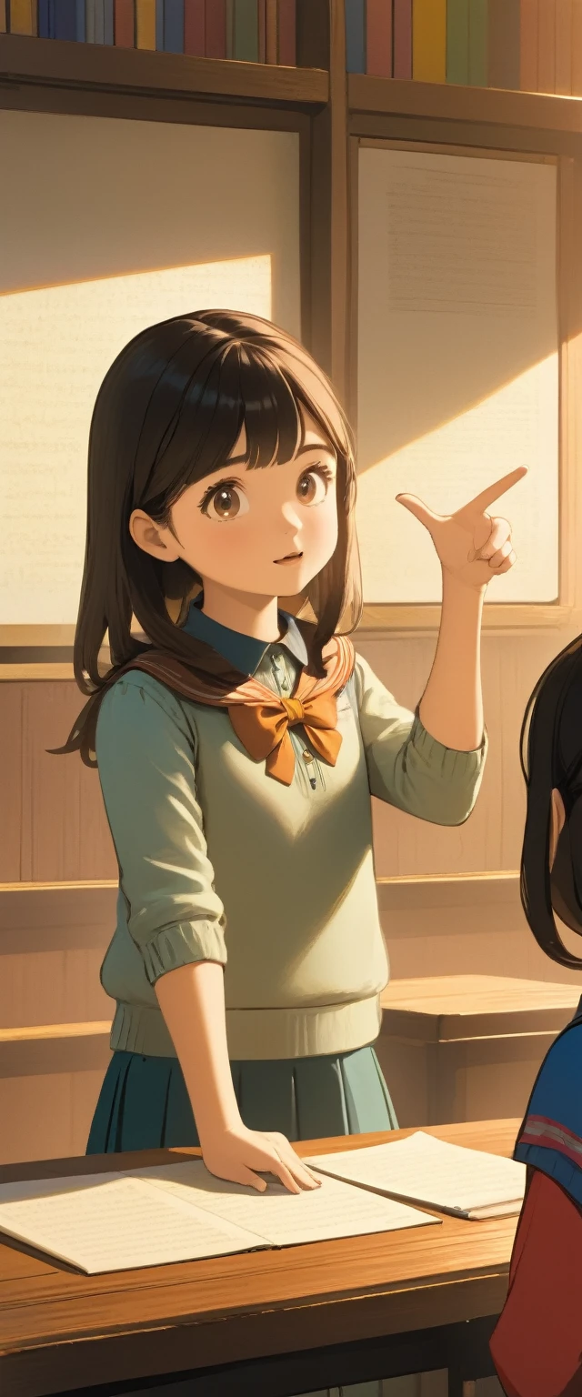 A girl explaining the lesson with one hand