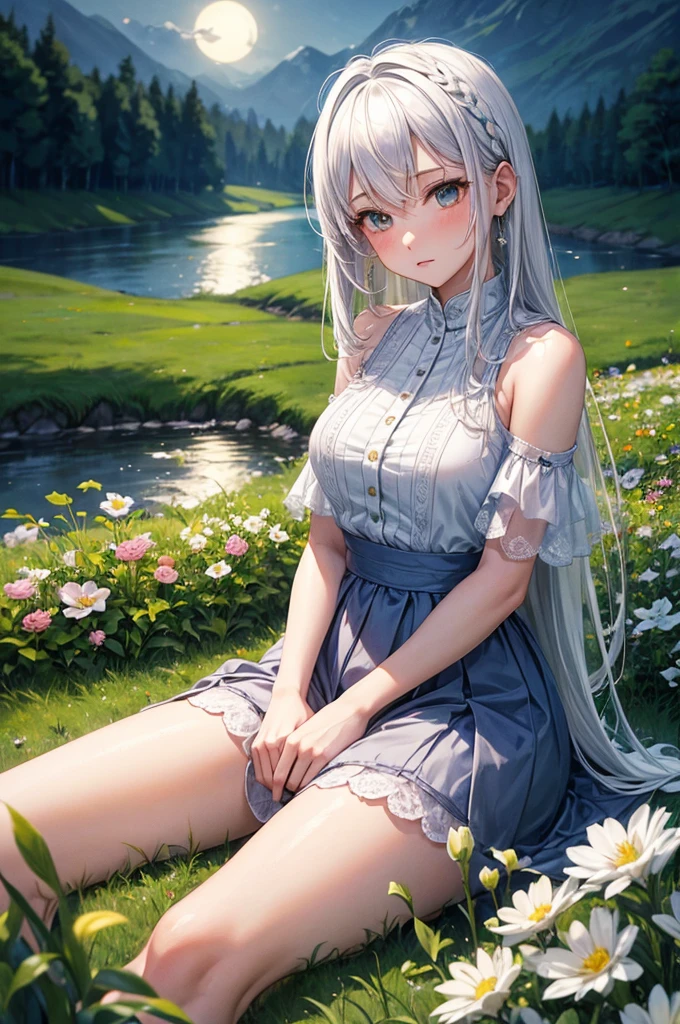 (masterpiece, top quality), A girl with white hair sits in a field of green plants and flowers, warm moonlight, Blurred foreground, change, River bank,underwear