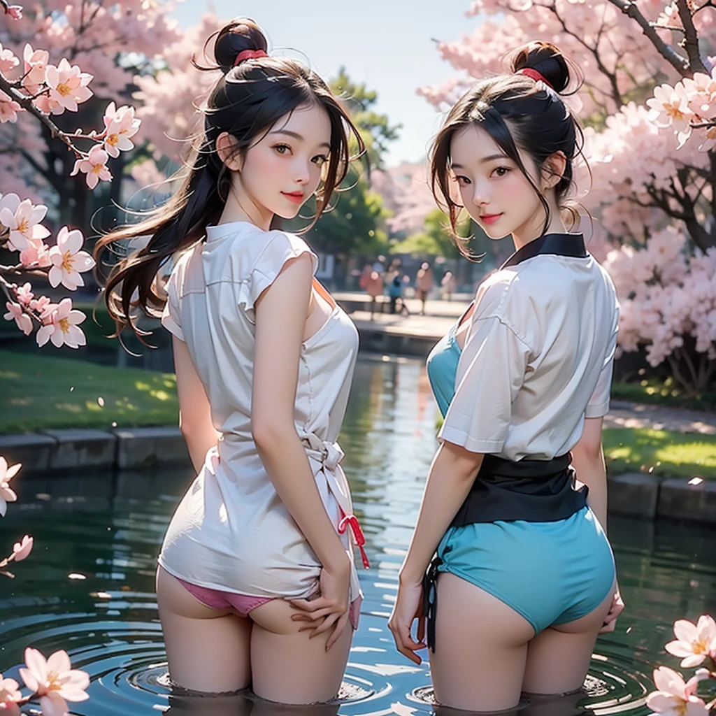 (8K,RAW Photos、RAW Photos、Highest quality、Masterpiece:1.2)、Ultra-detailed、Super Resolution、The most beautiful cherry trees in the world、(Photorealistic:1.3)、((Cherry blossoms shining on the surface of the water))、((Reality and cherry blossoms reflected on the surface of the water.))、Cute pose、Sakura Park at sunset、The end of cherry blossoms、Cherry blossoms flutter、Cherry blossoms soaring in the sky、The Sunset Sun、Amazing sunset、Crimson Sky、High-resolution RAW color photos、Professional photography、Same skin type as humans、Japan female proofreading from head to waist、Blur the background、Drawing faithful to anatomy、The correct number of fingers、(Very beautiful and elaborate cherry blossom tree at night 1:1.37)((Cherry blossoms fluttering in the wind))、full moon、Very detailed and beautiful、Ultra HD、Half-up hairstyle、Hair Bun、ponytail、High school girl in sailor suit、(Plump Cheeks)Uniforms with attention to detail、Each face has its own unique features、Different face patterns、color々Hairstyle、夜風になびく茶colorの髪、Her hair is swinging and sexy、Very detailed beautiful girl、(Pink Eyeshadow)、Red tie((((I can see her panties)))) ((((Angle from behind)))) ((((Emphasize cleavage))))