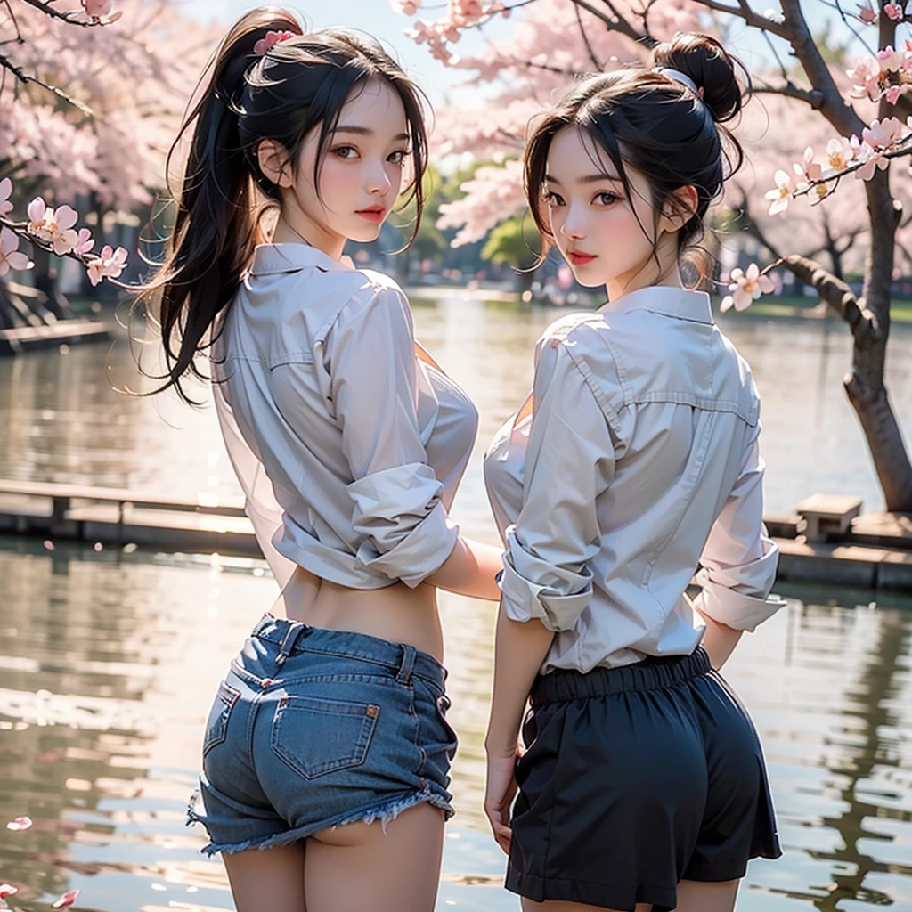 (8K,RAW Photos、RAW Photos、Highest quality、Masterpiece:1.2)、Ultra-detailed、Super Resolution、The most beautiful cherry trees in the world、(Photorealistic:1.3)、((Cherry blossoms shining on the surface of the water))、((Reality and cherry blossoms reflected on the surface of the water.))、Cute pose、Sakura Park at sunset、The end of cherry blossoms、Cherry blossoms flutter、Cherry blossoms soaring in the sky、The Sunset Sun、Amazing sunset、Crimson Sky、High-resolution RAW color photos、Professional photography、Same skin type as humans、Japan female proofreading from head to waist、Blur the background、Drawing faithful to anatomy、The correct number of fingers、(Very beautiful and elaborate cherry blossom tree at night 1:1.37)((Cherry blossoms fluttering in the wind))、full moon、Very detailed and beautiful、Ultra HD、Half-up hairstyle、Hair Bun、ponytail、High school girl in sailor suit、(Plump Cheeks)Uniforms with attention to detail、Each face has its own unique features、Different face patterns、color々Hairstyle、夜風になびく茶colorの髪、Her hair is swinging and sexy、Very detailed beautiful girl、(Pink Eyeshadow)、Red tie((((I can see her panties)))) ((((Angle from behind)))) ((((Emphasize cleavage))))