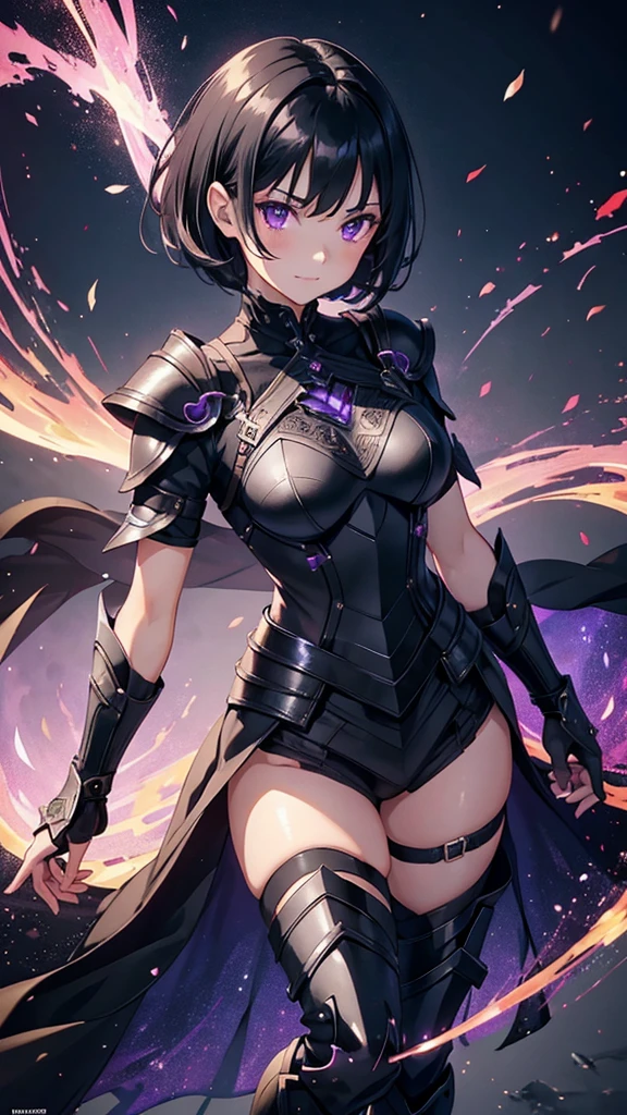 young girl, short black hair, violet eyes, smirk, full body, high quality, 4k, HD, Good detail, She dons light black armor that glistens in the ephemeral light, adorned with intricate metallic gauntlets.