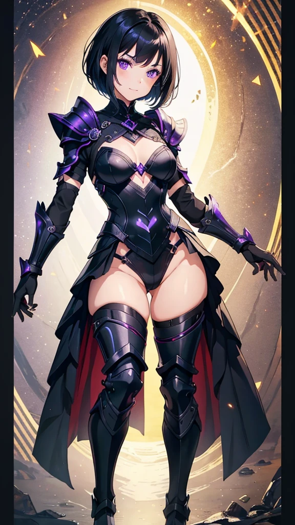 young girl, short black hair, violet eyes, smirk, full body, high quality, 4k, HD, Good detail, She dons light black armor that glistens in the ephemeral light, adorned with intricate metallic gauntlets.