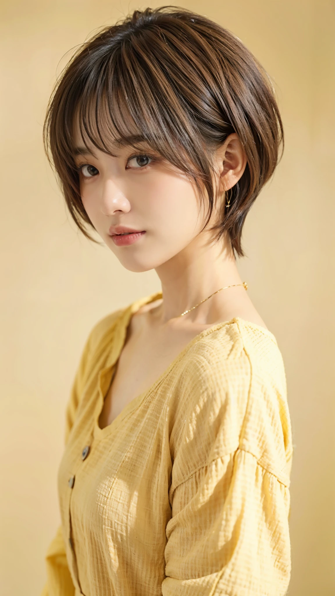 Woman in her early 30s、dark brown hair、Short hair、simple background, yellow blouse