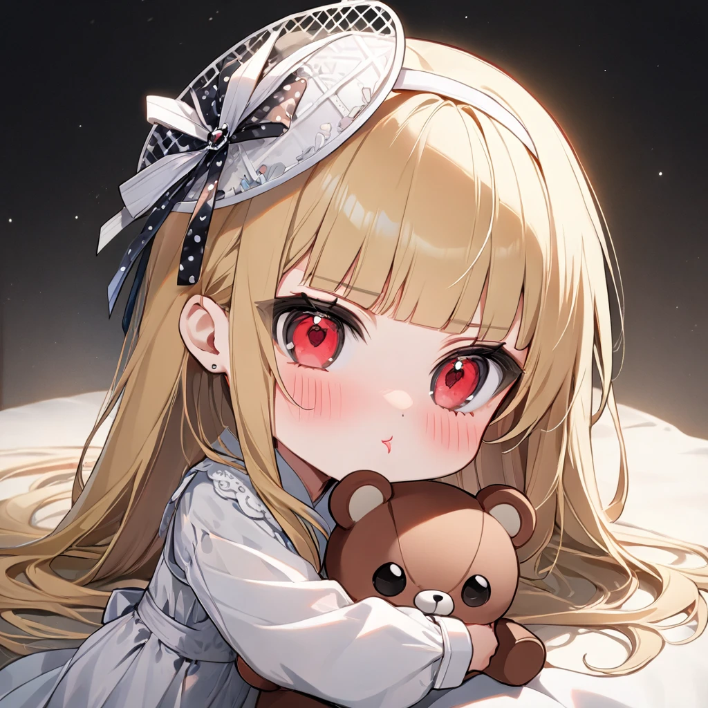 (8K, best quality, master piece: 1.2), super high resolution,1 girl is hugging a stuffed teddybear,,独奏,(chibi:1.4),15yo,ultra-detailed face,detailed eyes,Blonde,Long Hair, red eyes,blunt bangs,((pout)),blush,Portrait,white Fascinator,wearing a white dress with black polka dots,Plain black bolero jacket,one Cuckoo clock,Rim Light,Shooting from the side,room