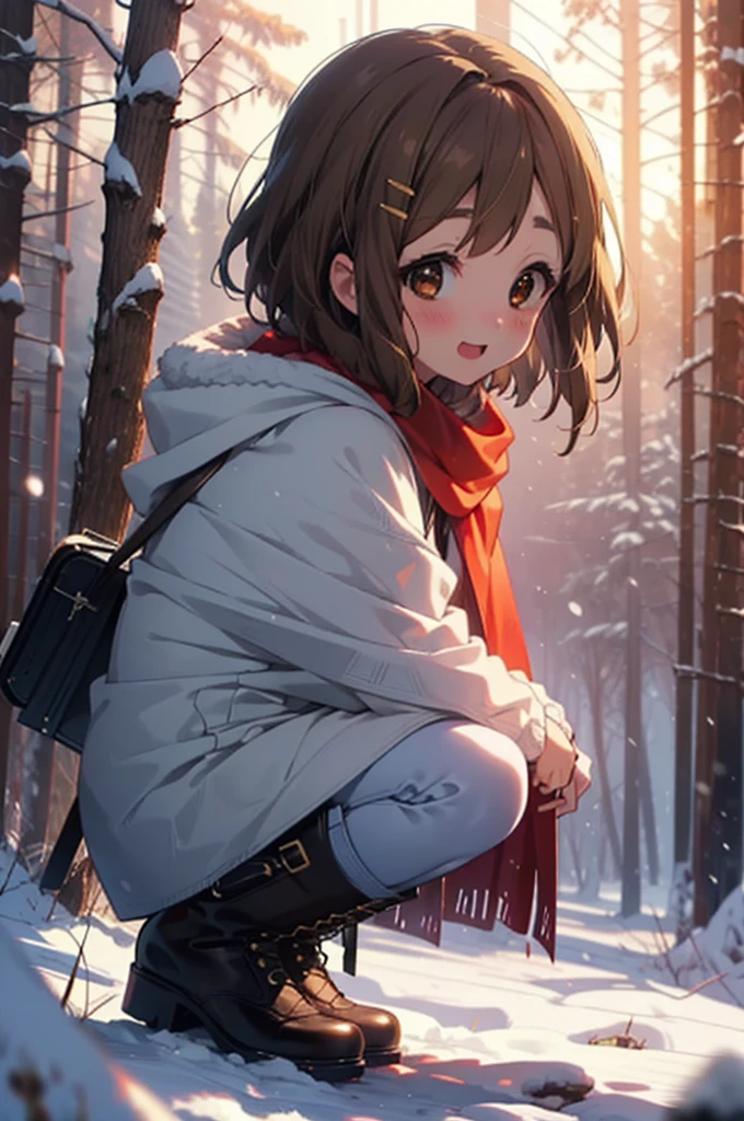 yuihirasawa, Yui Hirasawa, short hair, Brown Hair, hair ornaments, (Brown eyes:1.5), Hair Clip、smile,smile,blush,White Breath,
Open your mouth,snow,Ground bonfire,, Outdoor, boots, snowing, From the side, wood, suitcase, Cape, Blurred, , forest, White handbag, nature,  Squat, Mouth closed, Cape, winter, Written boundary depth, Black shoes, red Cape break looking at viewer, Upper Body, whole body, break Outdoor, forest, nature, break (masterpiece:1.2), Highest quality, High resolution, unity 8k wallpaper, (shape:0.8), (Beautiful and beautiful eyes:1.6), Highly detailed face, Perfect lighting, Highly detailed CG, (Perfect hands, Perfect Anatomy),