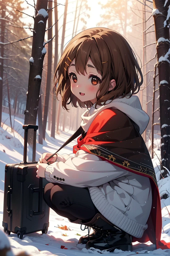 yuihirasawa, Yui Hirasawa, short hair, Brown Hair, hair ornaments, (Brown eyes:1.5), Hair Clip、smile,smile,blush,White Breath,
Open your mouth,snow,Ground bonfire,, Outdoor, boots, snowing, From the side, wood, suitcase, Cape, Blurred, , forest, White handbag, nature, Squat, Mouth closed, Cape, winter, Written boundary depth, Black shoes, red Cape break looking at viewer, Upper Body, whole body, break Outdoor, forest, nature, break (masterpiece:1.2), Highest quality, High resolution, unity 8k wallpaper, (shape:0.8), (Beautiful and beautiful eyes:1.6), Highly detailed face, Perfect lighting, Highly detailed CG, (Perfect hands, Perfect Anatomy),