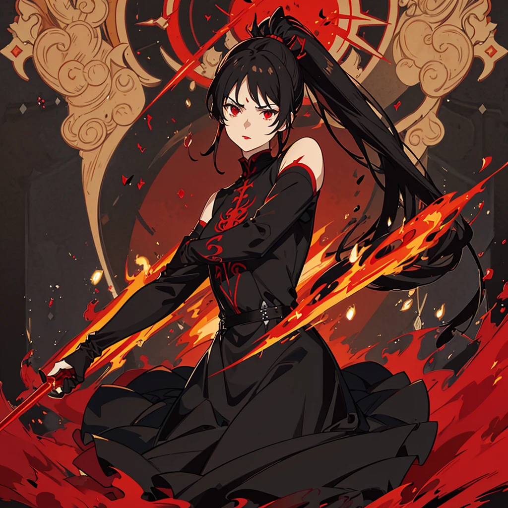 God of death , woman , tight and short black and red dress , long ponytail red ruban , black hair , menacing face , red lips , magical powers flame on her hand